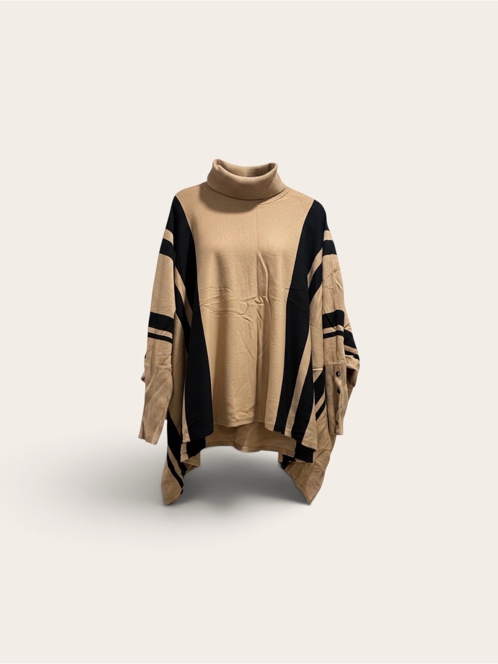 Alfani Beige and Black Striped Turtleneck Poncho Sweater